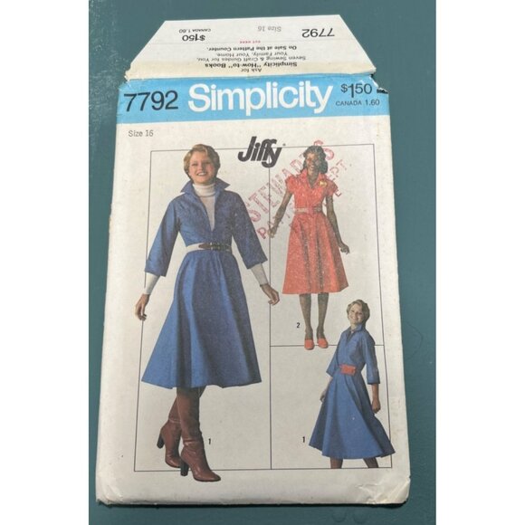 Shirtwaist Dress Belted Size 16 Vtg 1976 Sewing Pattern 7792 Simplicity FF - Picture 1 of 4